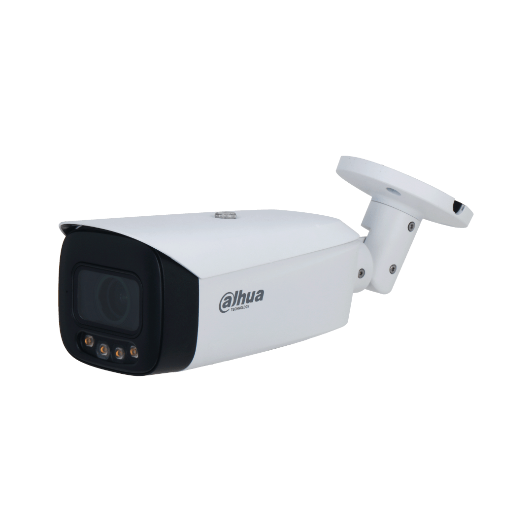 Witte Dahua IPC-HFW5449T1-ZE-LED bullet beveiligingscamera met zwarte lens en ingebouwde warme LED-verlichting.