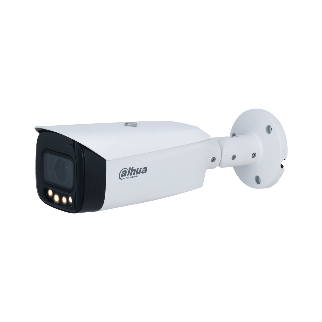 Witte Dahua IPC-HFW5449T1-ZE-LED bullet beveiligingscamera met ingebouwde warme LED-verlichting en muurbeugel.