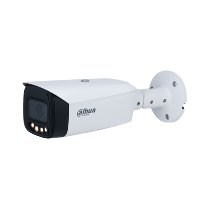 Witte Dahua IPC-HFW5449T1-ZE-LED bullet beveiligingscamera met ingebouwde warme LED-verlichting en muurbeugel.