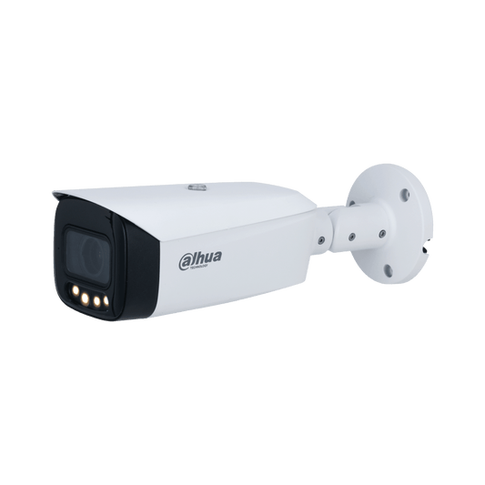 Witte Dahua IPC-HFW5449T1-ZE-LED bullet beveiligingscamera met ingebouwde warme LED-verlichting en muurbeugel.