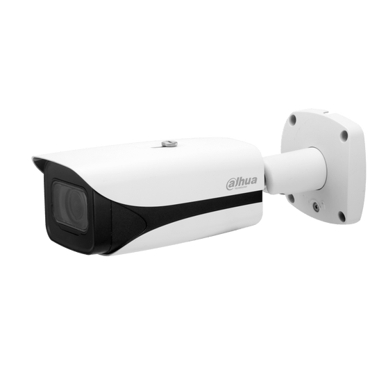 Witte Dahua WizMind bullet-beveiligingscamera met 8MP lens, zwarte accenten en verstelbare muurbeugel voor buiten.