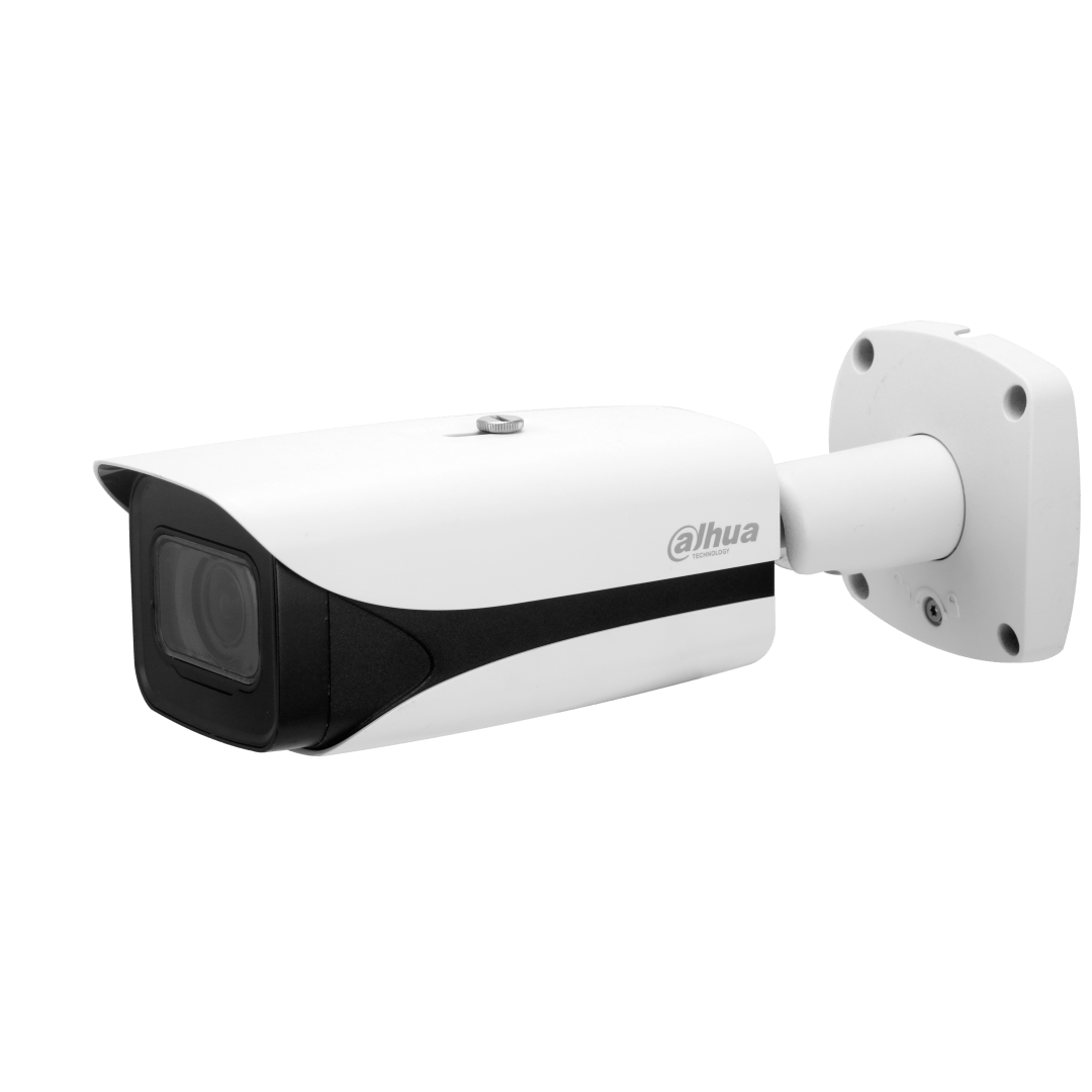 Witte Dahua IPC-HFW5842E-ZE bullet-beveiligingscamera met zwarte lensbehuizing en verstelbare muurbeugel.