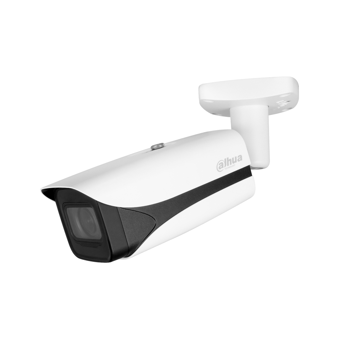 Witte Dahua IPC-HFW5842E-ZE bullet camera met zwarte lensbehuizing en verstelbare muurbeugel voor buitenbeveiliging.