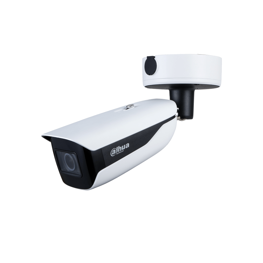 Witte Dahua Pro AI bullet-beveiligingscamera met verstelbare muurbeugel en zwarte lensbehuizing.