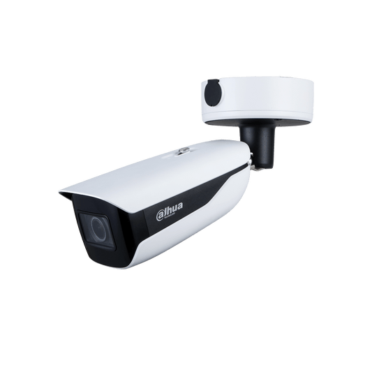Witte Dahua Pro AI bullet-beveiligingscamera met 8MP lens en verstelbare muurbeugel voor buiten.