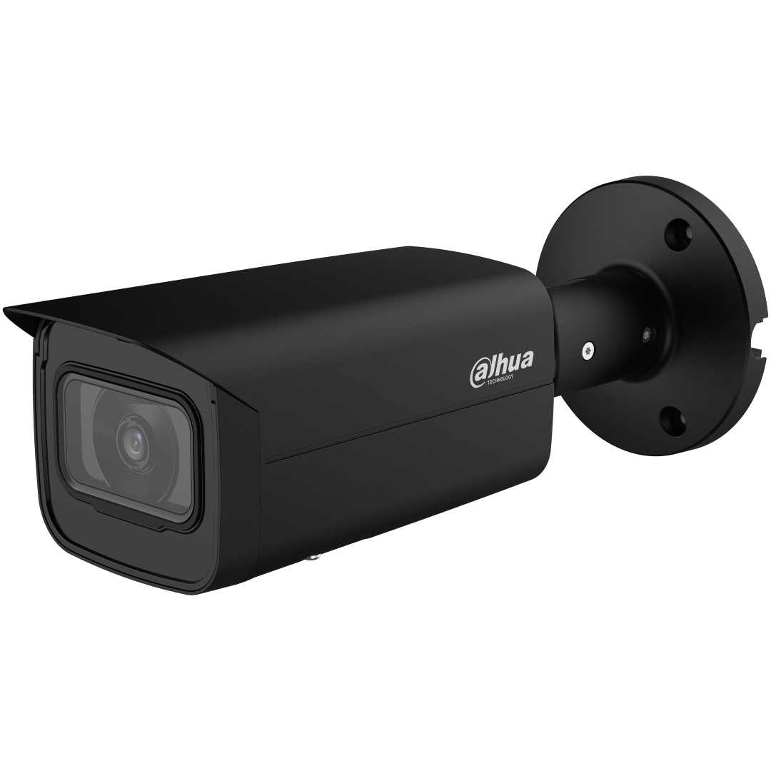 Zwarte Dahua IPC-HFW5842T-ASE 8MP bullet beveiligingscamera met wandmontagebeugel en strak metalen design.