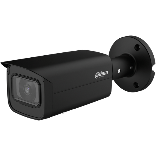 Zwarte Dahua IPC-HFW5842T-ASE 8MP bullet beveiligingscamera met wandmontagebeugel en strak metalen design.