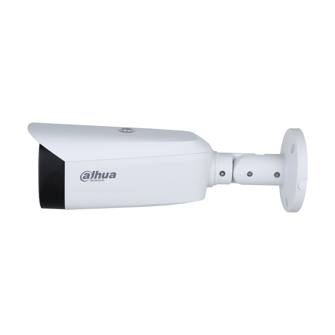 Witte Dahua IPC-HFW5849T1-ASE-LED 8MP bullet-beveiligingscamera met 2.8mm lens en ingebouwde warme LED-verlichting.