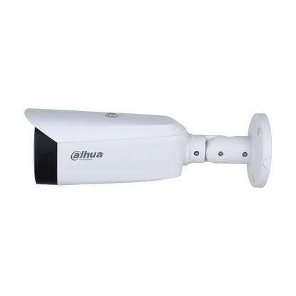 Witte Dahua IPC-HFW5849T1-ASE-LED 8MP bullet-beveiligingscamera met 2.8mm lens en ingebouwde warme LED-verlichting.