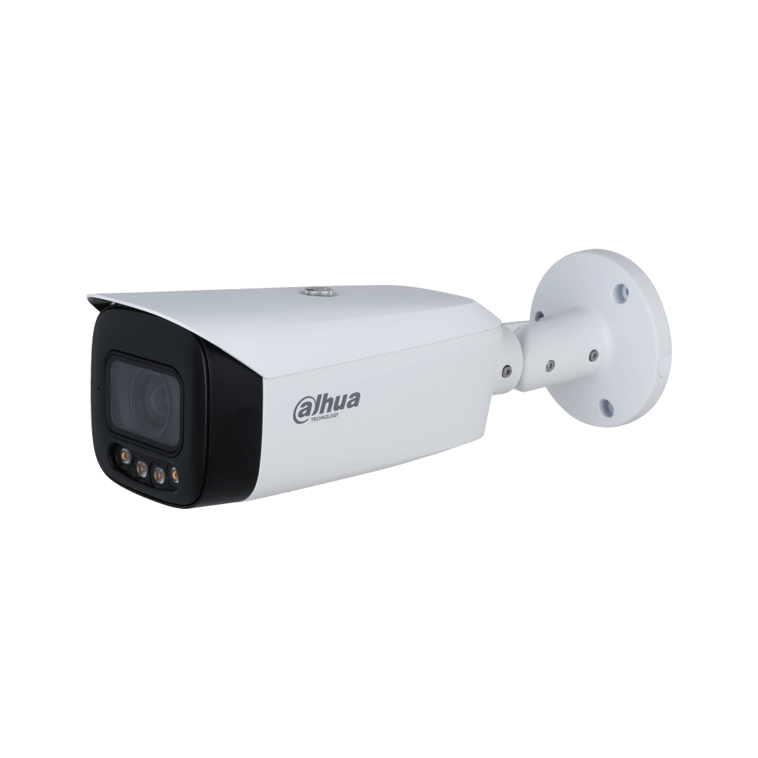 Witte Dahua IPC-HFW5849T1-ASE-LED 8MP bullet camera met zwarte lensbehuizing en ingebouwde warme LED-verlichting.