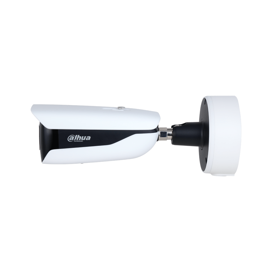 Witte Dahua WizMind bullet-beveiligingscamera met zwarte accenten en verstelbare muurbeugel voor professionele videobewaking.