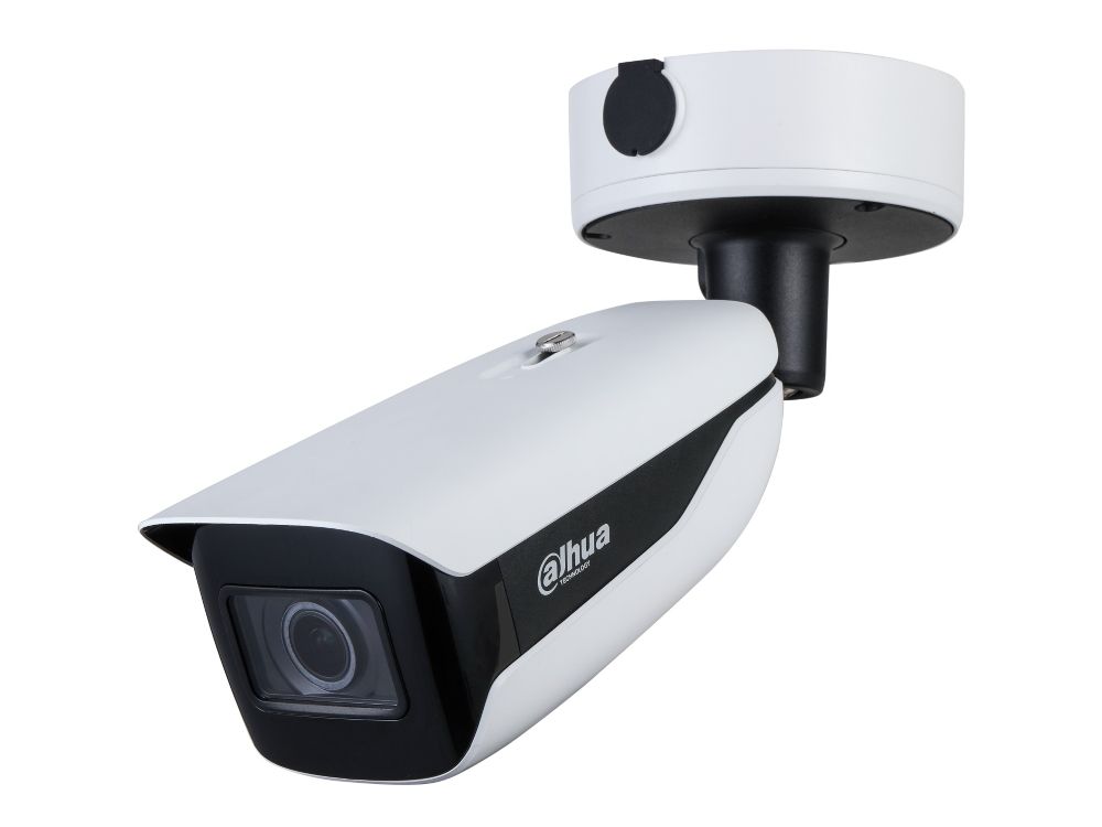 Witte Dahua IPC-HFW7442H-Z-S2 bullet beveiligingscamera met varifocale lens en wandmontagebeugel.
