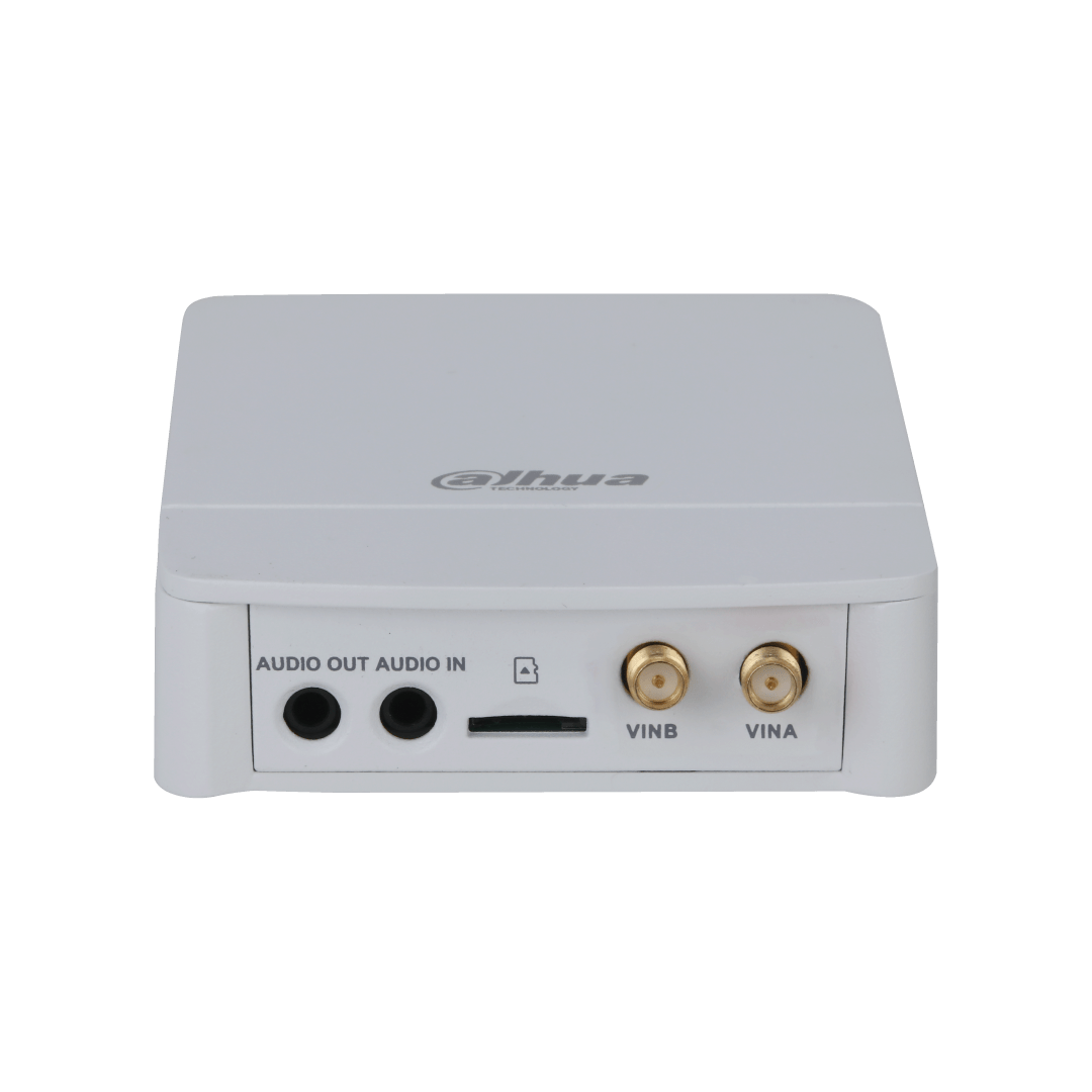 Witte Dahua IPC-HUM8241-E2 cameramodule met audio-ingangen, SD-kaartsleuf en twee lensconnectoren op een witte achtergrond.