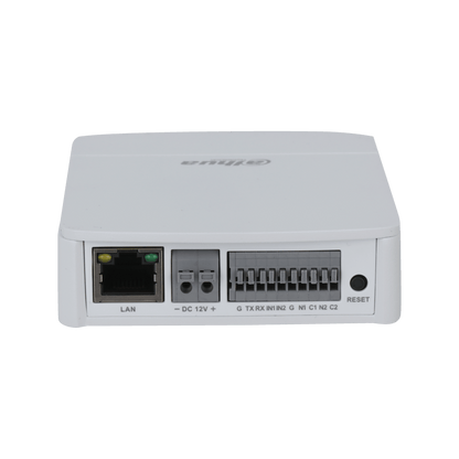Witte Dahua IPC-HUM8241-E2 cameramodule met LAN-poort, 12V DC-aansluiting, alarm- en audio-ingangen op een witte behuizing.