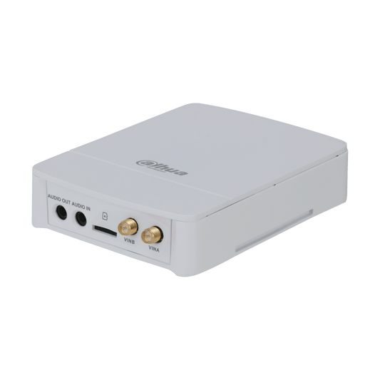 Witte Dahua IPC-HUM8241-E2 pinhole camera module met audio-aansluitingen, SD-kaartsleuf en twee lenspoorten.