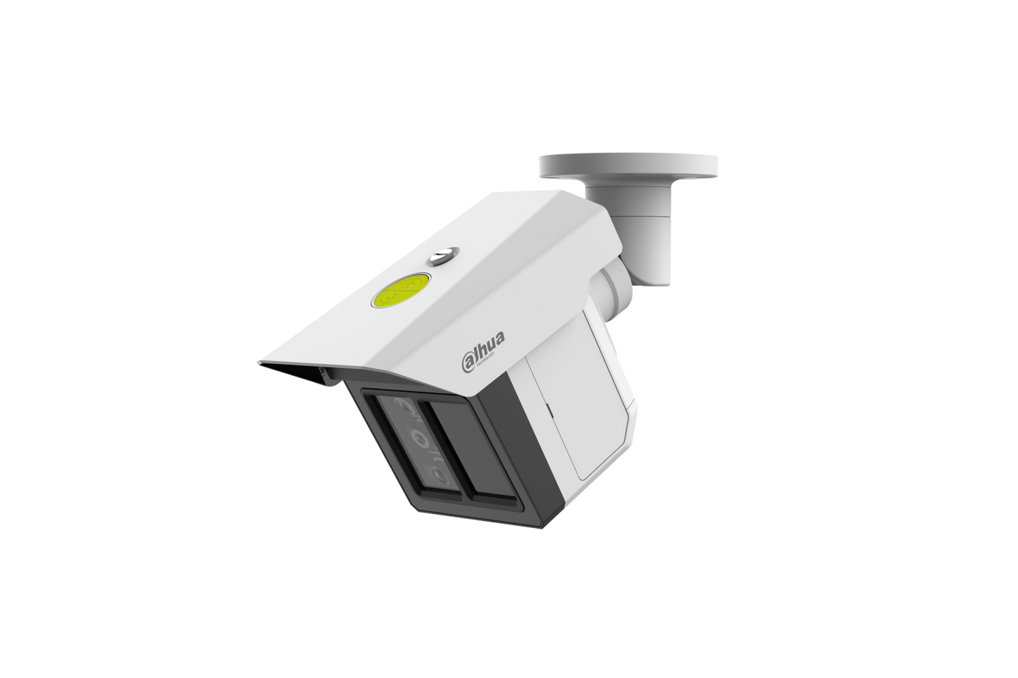 Witte Dahua IPC-MFW5241T2-E3-ASE bullet-beveiligingscamera met drie lenzen en een verstelbare muurbeugel.
