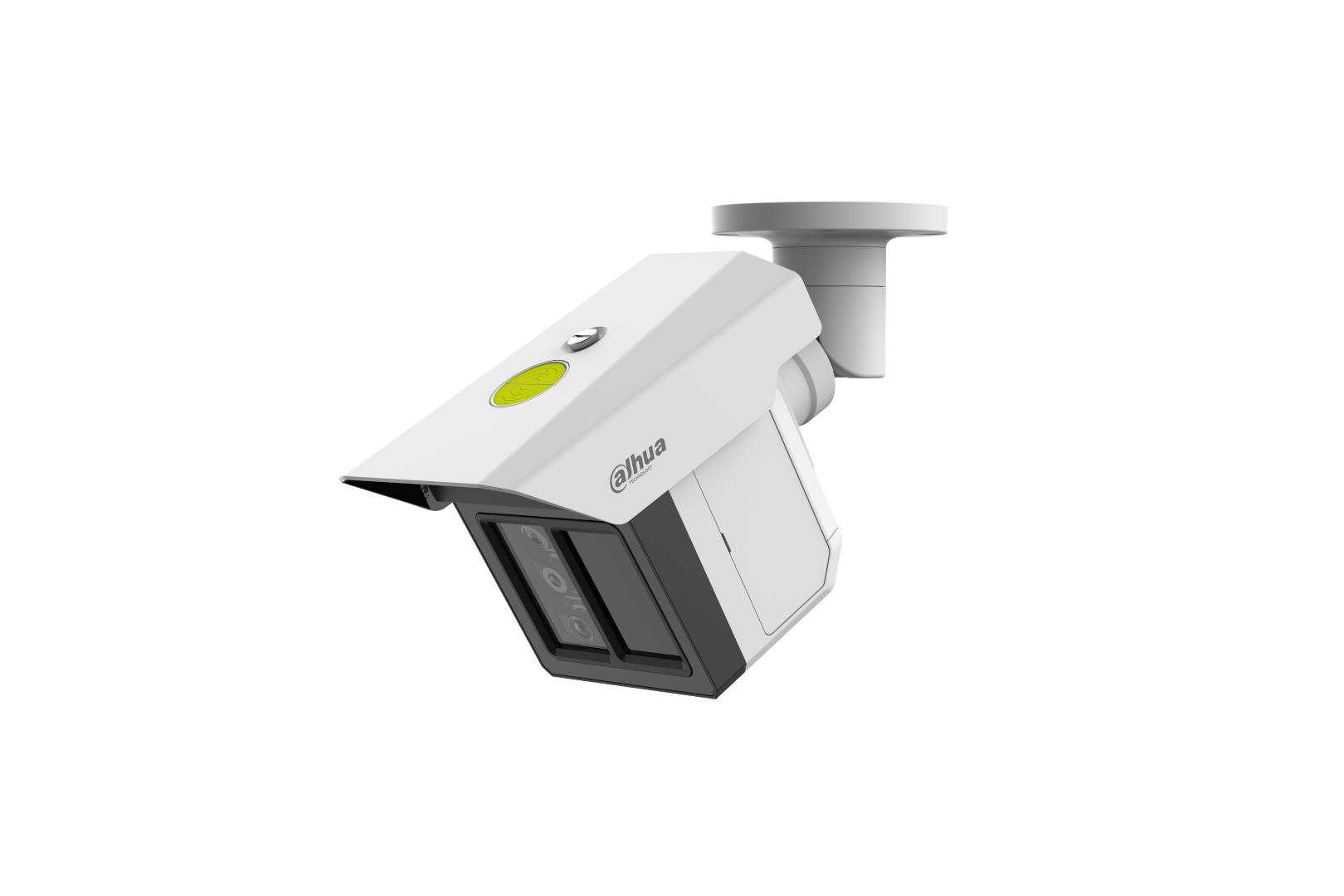 Witte Dahua IPC-MFW5241T2-E3-ASE bullet-beveiligingscamera met drie lenzen en een verstelbare muurbeugel.