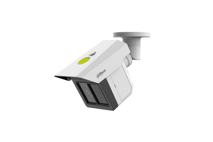 Witte Dahua IPC-MFW5241T2-E3-ASE bullet-beveiligingscamera met drie lenzen en een verstelbare muurbeugel.