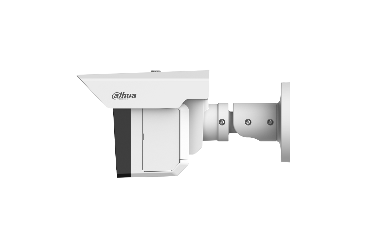 Witte Dahua IPC-MFW5241T2-E3-ASE beveiligingscamera met drie lenzen, zonnekap en verstelbare muurbeugel.