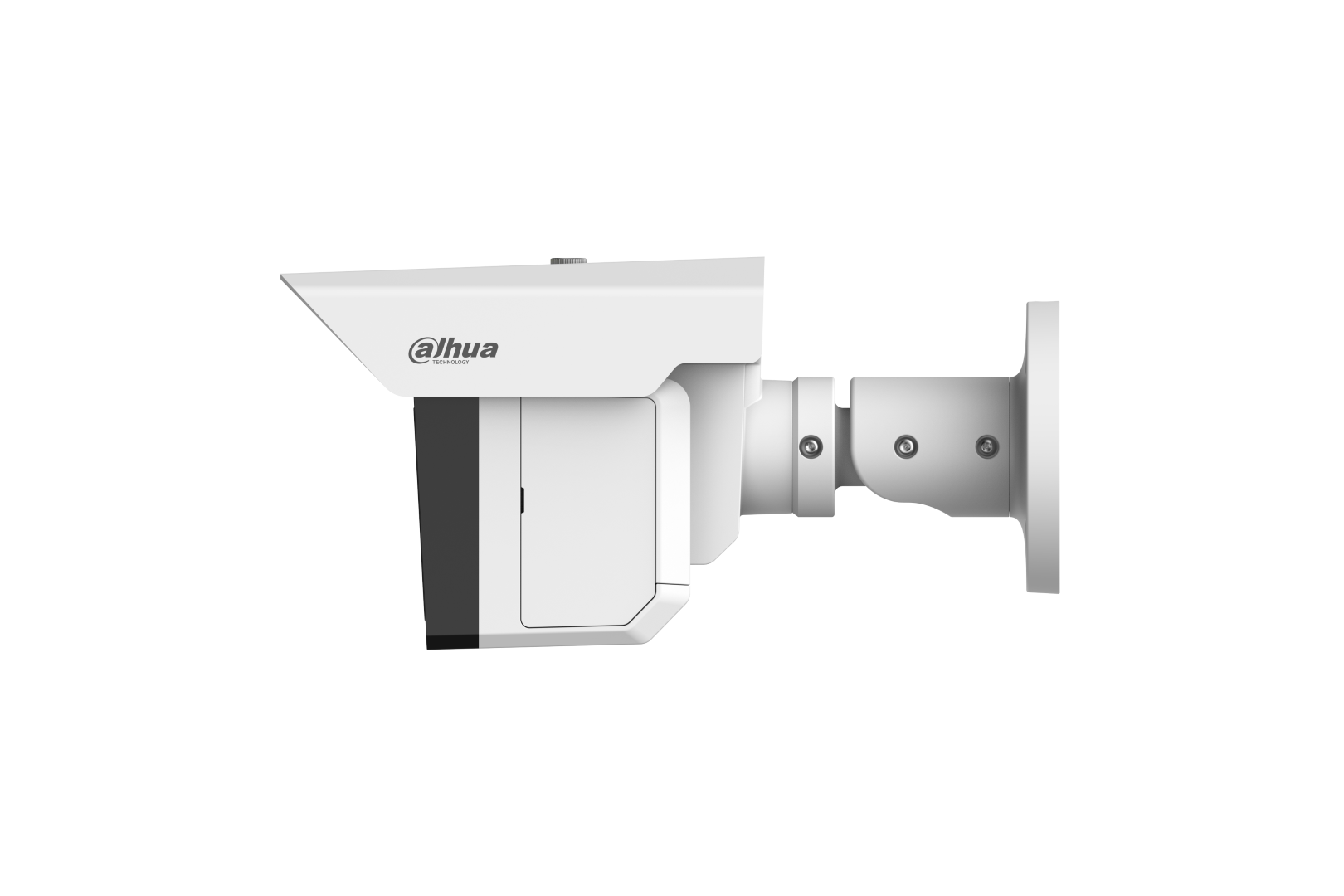 Witte Dahua IPC-MFW5241T2-E3-ASE beveiligingscamera met drie lenzen, zonnekap en verstelbare muurbeugel.