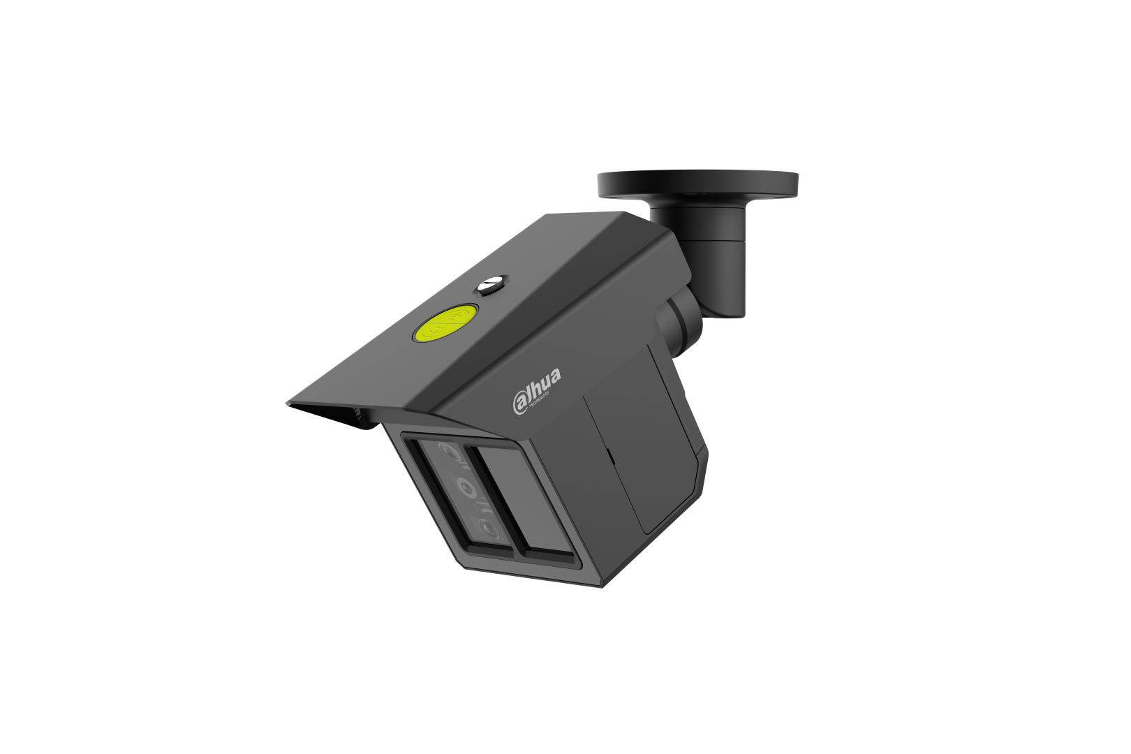 Zwarte Dahua IPC-MFW5241T2-E3-ASE beveiligingscamera met drie lenzen en opvallende groene accenten op een verstelbare beugel.