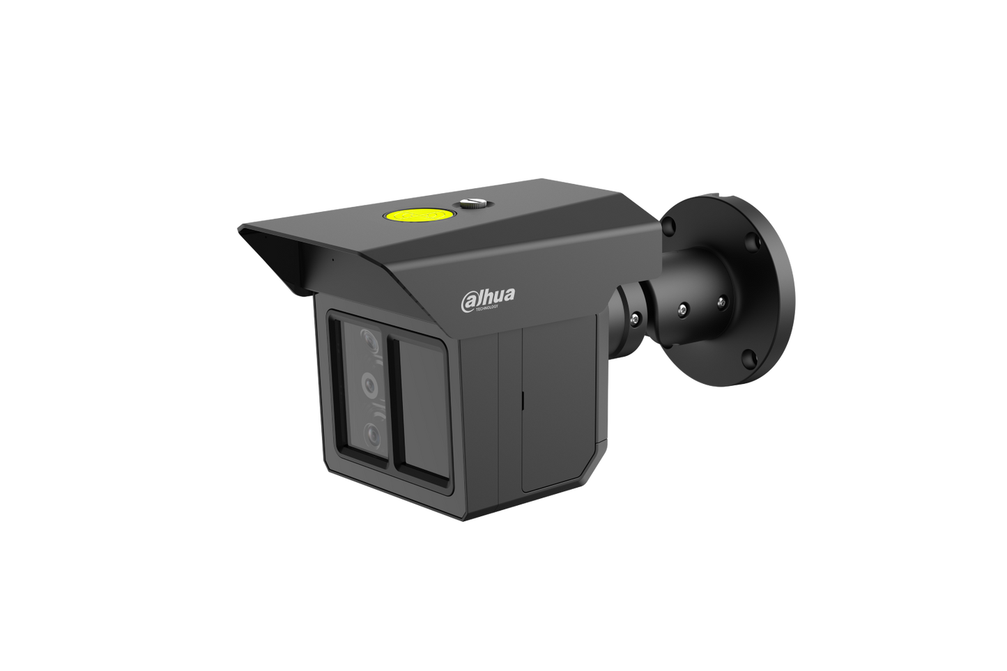 Zwarte Dahua IPC-MFW5241T2-E3-ASE beveiligingscamera met drie lenzen, zonnekap en wandmontagebeugel op witte achtergrond.