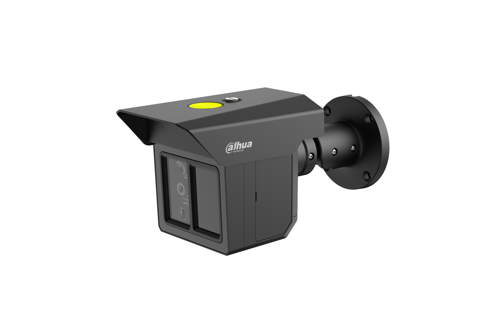 Zwarte Dahua IPC-MFW5241T2-E3-ASE beveiligingscamera met drie lenzen, zonnekap en wandmontagebeugel op witte achtergrond.