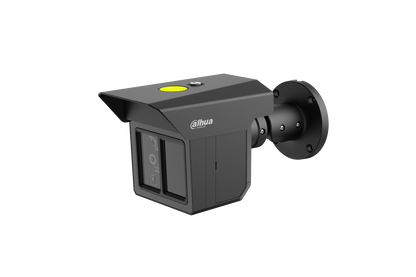 Zwarte Dahua IPC-MFW5241T2-E3-ASE beveiligingscamera met drie lenzen, zonnekap en wandmontagebeugel op witte achtergrond.