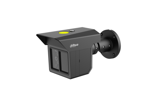 Zwarte Dahua IPC-MFW5241T2-E3-ASE beveiligingscamera met drie lenzen, zonnekap en wandmontagebeugel op witte achtergrond.