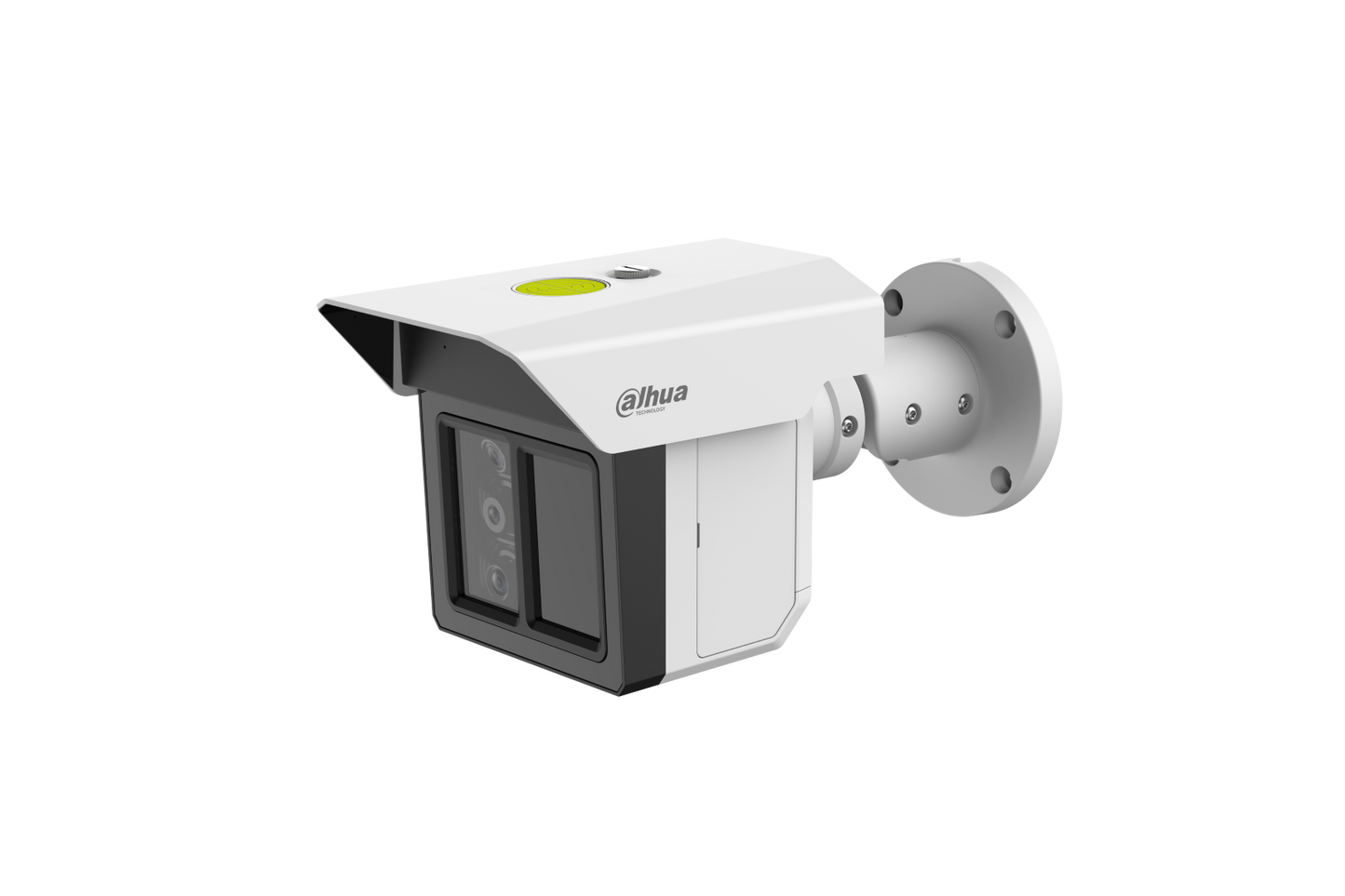 Witte Dahua IPC-MFW5241T2-E3-ASE beveiligingscamera met drie lenzen, zonnekap en verstelbare muurbeugel.