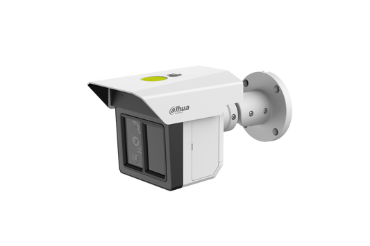 Witte Dahua IPC-MFW5241T2-E3-ASE beveiligingscamera met drie lenzen, zonnekap en verstelbare muurbeugel.