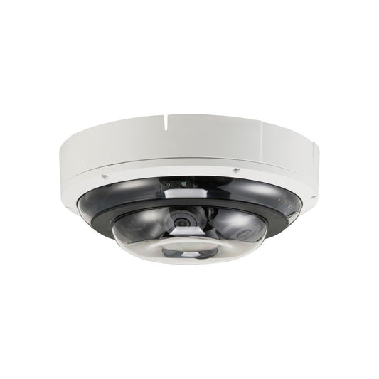 Witte Dahua multi-sensor domecamera met vier verstelbare lenzen onder een transparante koepel voor 360-graden bewaking.