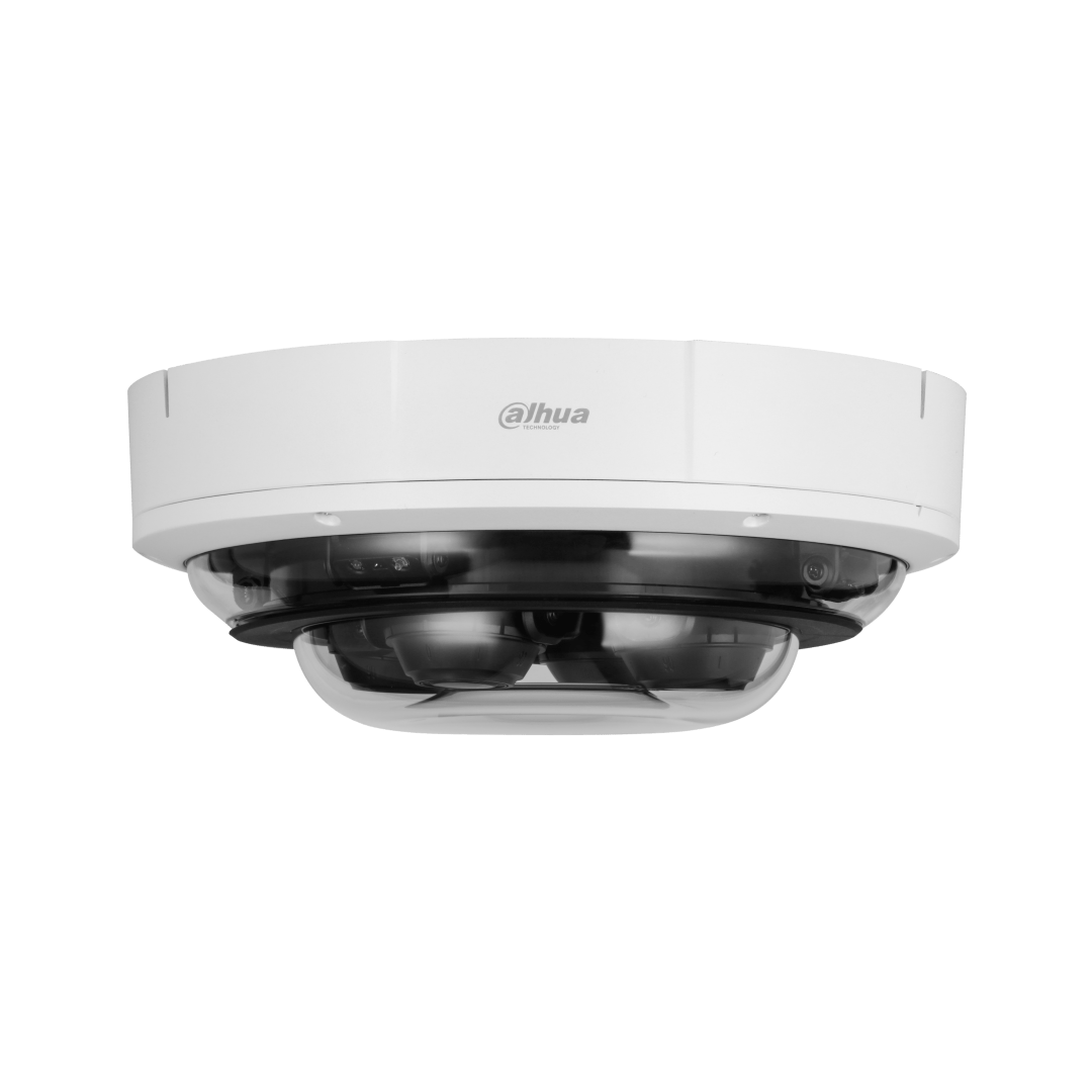 Witte Dahua 4-kanaals dome-beveiligingscamera met transparante koepel en robuuste behuizing voor plafondmontage.