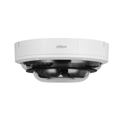 Witte Dahua 4-kanaals dome-beveiligingscamera met transparante koepel en robuuste behuizing voor plafondmontage.