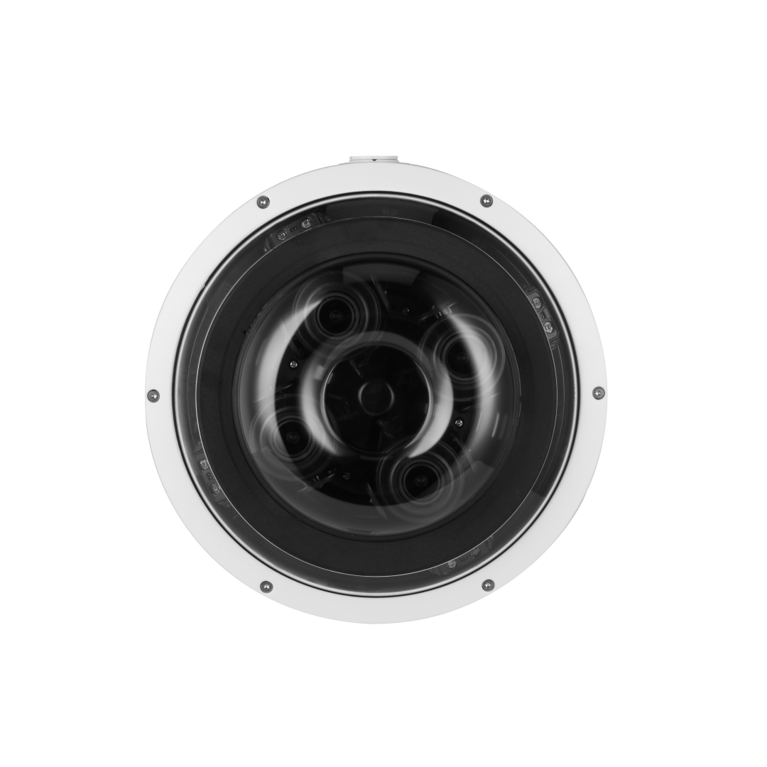 Witte Dahua 4-kanaals multisensor domecamera met vier lenzen achter een ronde glazen koepel voor 360-graden bewaking.