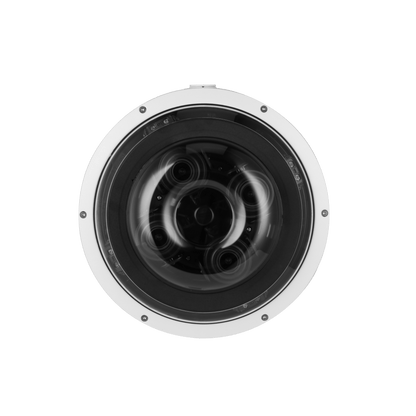 Witte Dahua 4-kanaals multisensor domecamera met vier lenzen achter een ronde glazen koepel voor 360-graden bewaking.