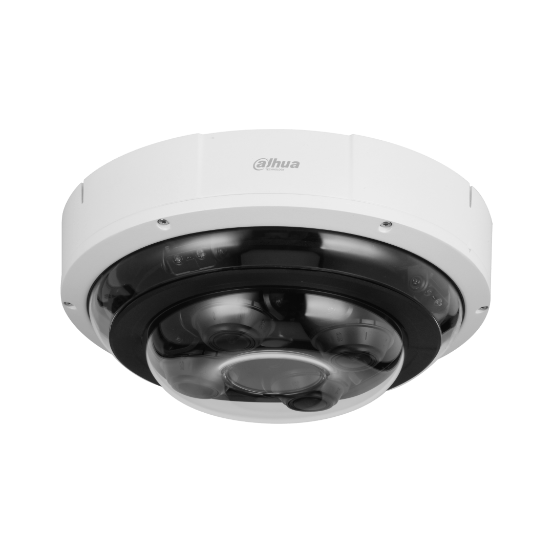 Witte Dahua 4-kanaals dome-beveiligingscamera met transparante koepel en verstelbare lenzen voor 360-graden bewaking.