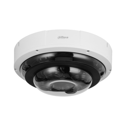 Witte Dahua 4-kanaals dome-beveiligingscamera met transparante koepel en verstelbare lenzen voor 360-graden bewaking.