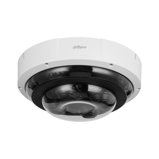 Witte Dahua 4-kanaals dome-beveiligingscamera met transparante koepel en verstelbare lenzen voor 360-graden bewaking.
