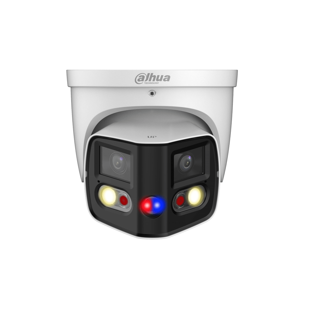 Witte Dahua 180° groothoek beveiligingscamera met dubbele lens, IR-verlichting en rood-blauw waarschuwingslicht.