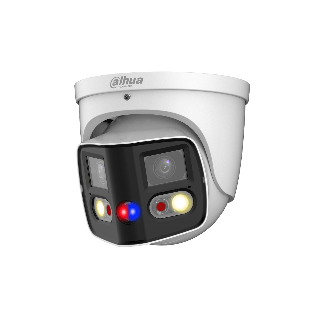Witte Dahua 180° groothoek beveiligingscamera met dubbele lens, IR-verlichting en rood-blauw waarschuwingslicht.