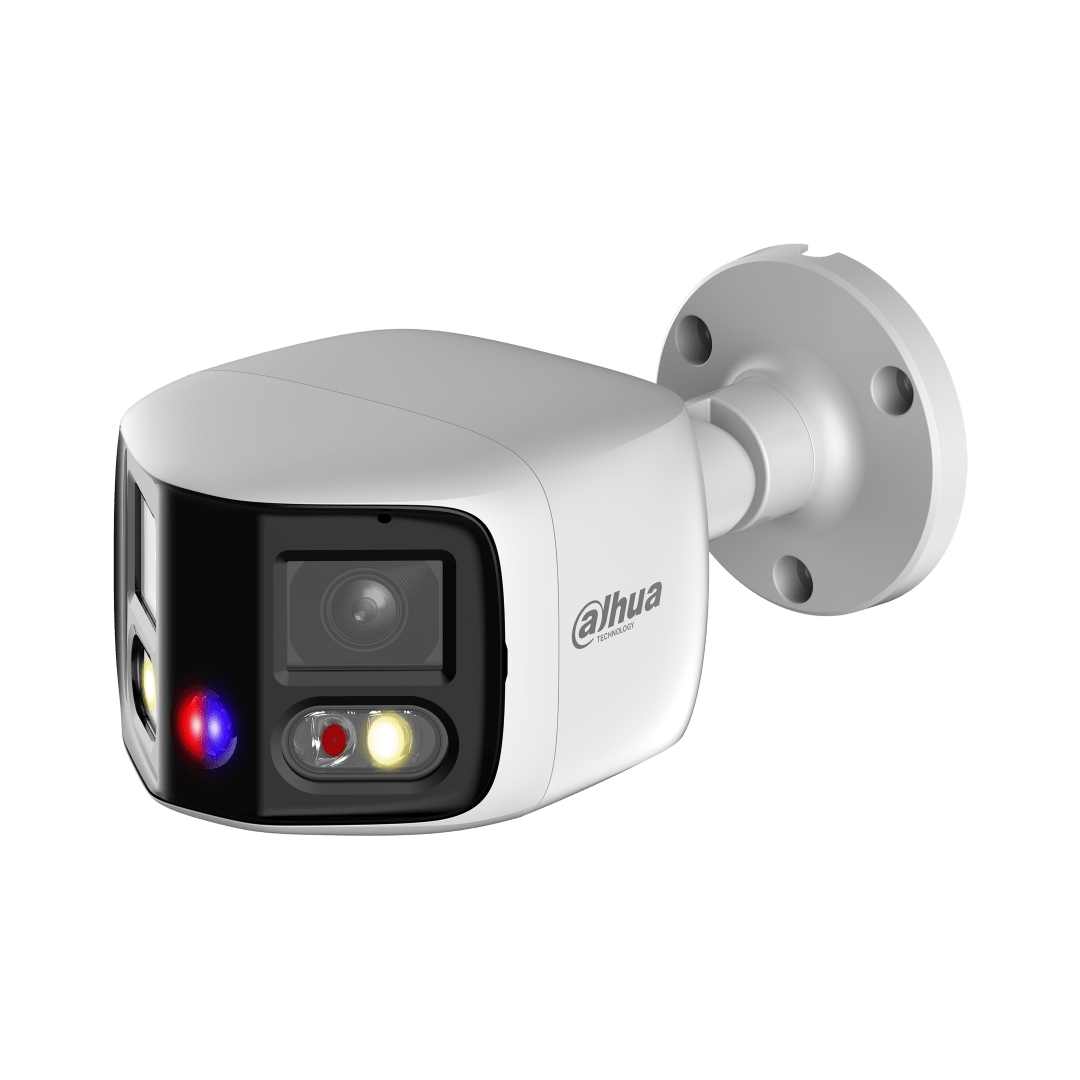 Witte Dahua 6MP panoramische bullet camera met Smart Dual Light en rood-blauw alarmlicht voor buiten.