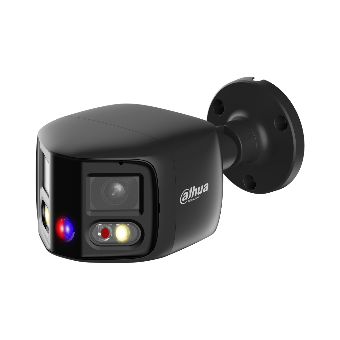 Zwarte Dahua IPC-PFW3849S-A180-AS-PV beveiligingscamera met 180° groothoeklens, ingebouwde LED-verlichting en wandmontagebeugel.