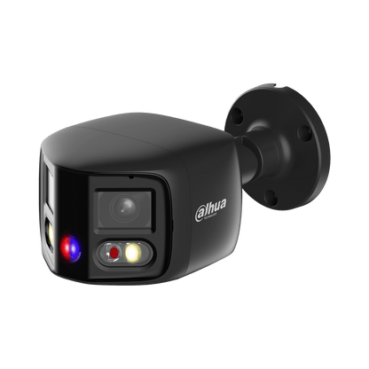 Zwarte Dahua IPC-PFW3849S-A180-AS-PV beveiligingscamera met 180° groothoeklens, ingebouwde LED-verlichting en wandmontagebeugel.
