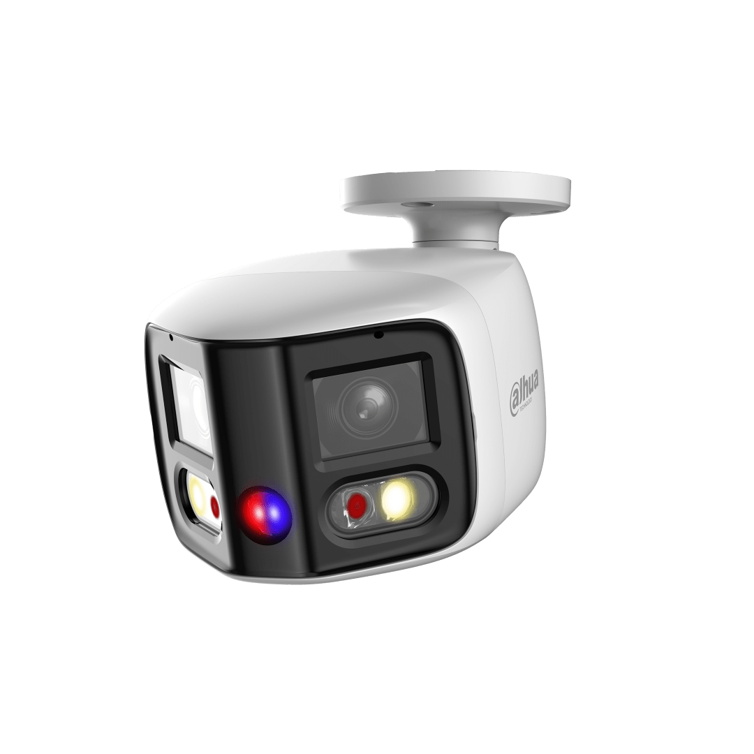 Witte Dahua 8MP panoramische beveiligingscamera met 180 graden groothoeklens, IR-verlichting en ingebouwde waarschuwingslampen.