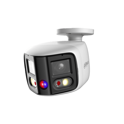 Witte Dahua 8MP panoramische beveiligingscamera met 180 graden groothoeklens, IR-verlichting en ingebouwde waarschuwingslampen.