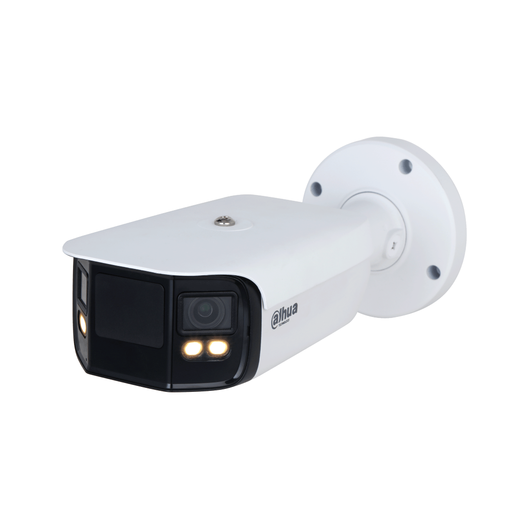 Witte Dahua WizMind 180° panoramische beveiligingscamera met dubbele lens en ingebouwde warmlichtverlichting.