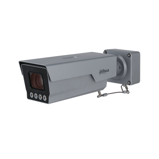 Grijze Dahua 4MP AI ANPR camera met robuuste behuizing, telelens en vier IR-lampen voor kentekenherkenning.