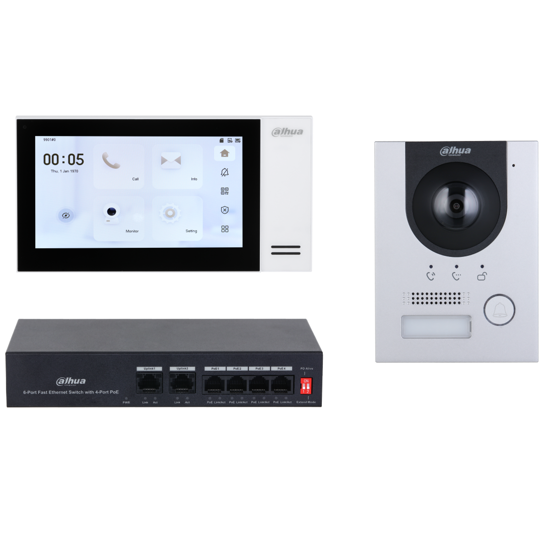 Dahua KTP01L video-intercomset met witte 7-inch touchscreen monitor, zilverkleurig aluminium deurstation en zwarte PoE-switch.