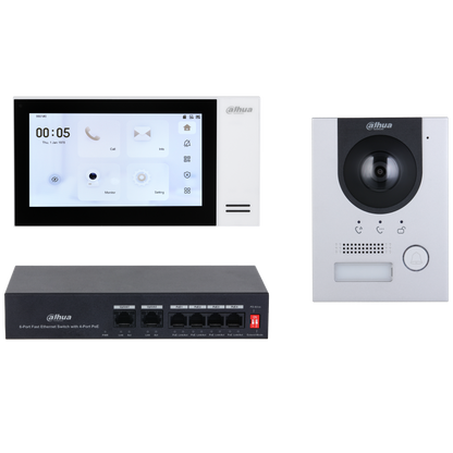 Dahua KTP01L video-intercomset met witte 7-inch touchscreen monitor, zilverkleurig aluminium deurstation en zwarte PoE-switch.